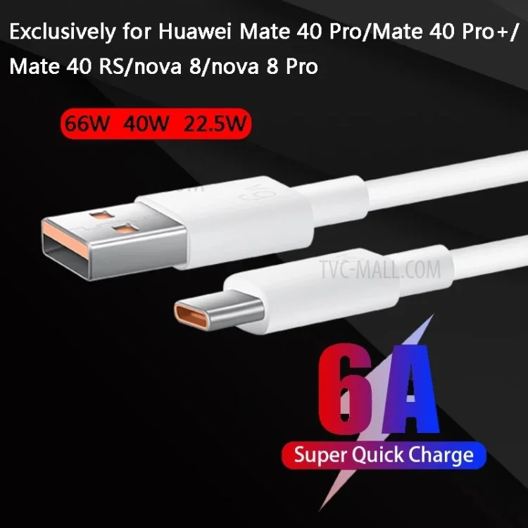 100cm 6A 66W Type-C Fast Charging Cable Cord for Huawei Mate 40 Pro/Nova 8 5G/Honor V40 5G