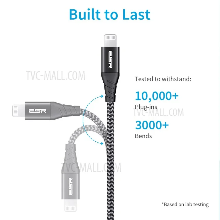 ESR 2m USB-C to Lightning Durable Double Braided Nylon Cable with MFi Certificate - Black
