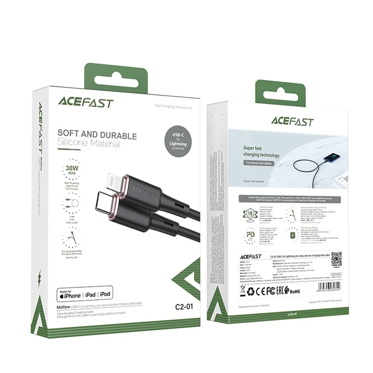 ACEFAST C2-01 MFI for iPhone 15 Series USB-C to Lightning Zinc Alloy Silicone Charging Data Cable - Black