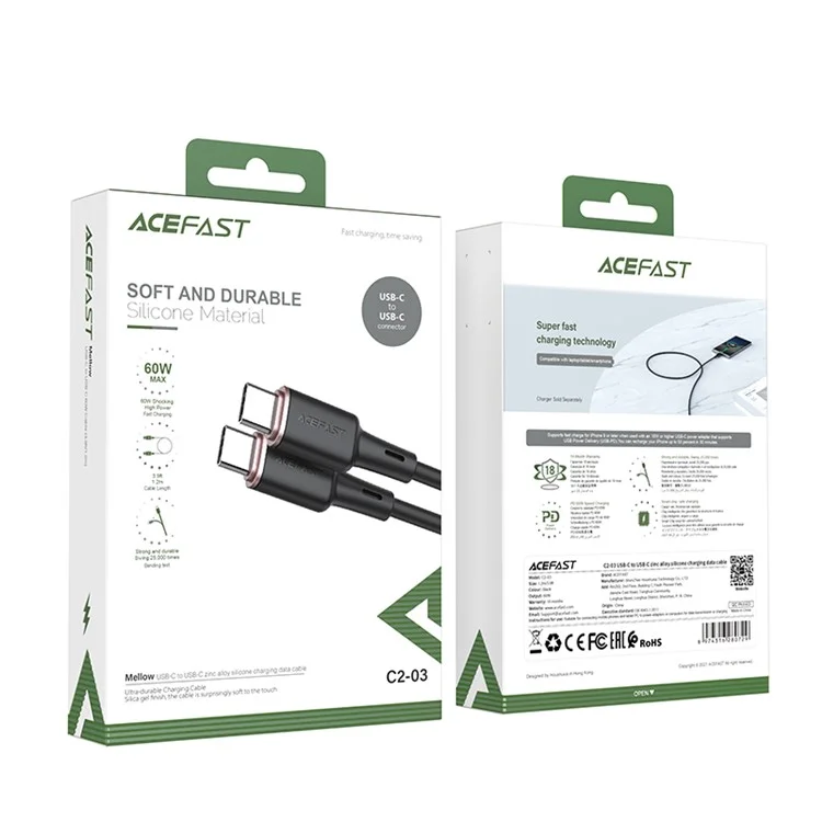 Acefast C2-03 USB-C Para USB-C Liga de Zinco de Zinco Silicone Charging Data Cable 1.2m - Preto