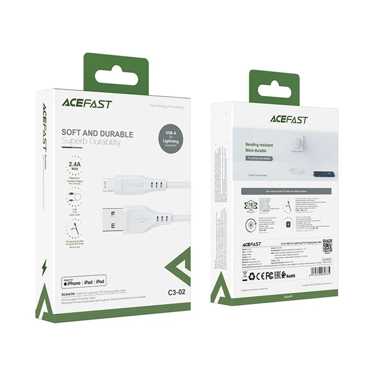 ACEFAST C3-02 Câble de charge et de données USB-A vers Lightning TPE certifié MFI 1,2 m - Blanc 