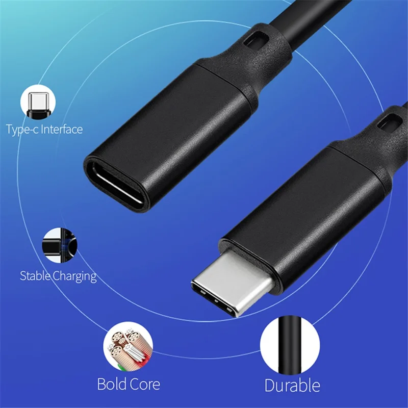 0.2m PQ106 USB-C Male to Female Fast Charging Extender Cable PD100W 5A 10Gbps Type-C Data Cord - Black