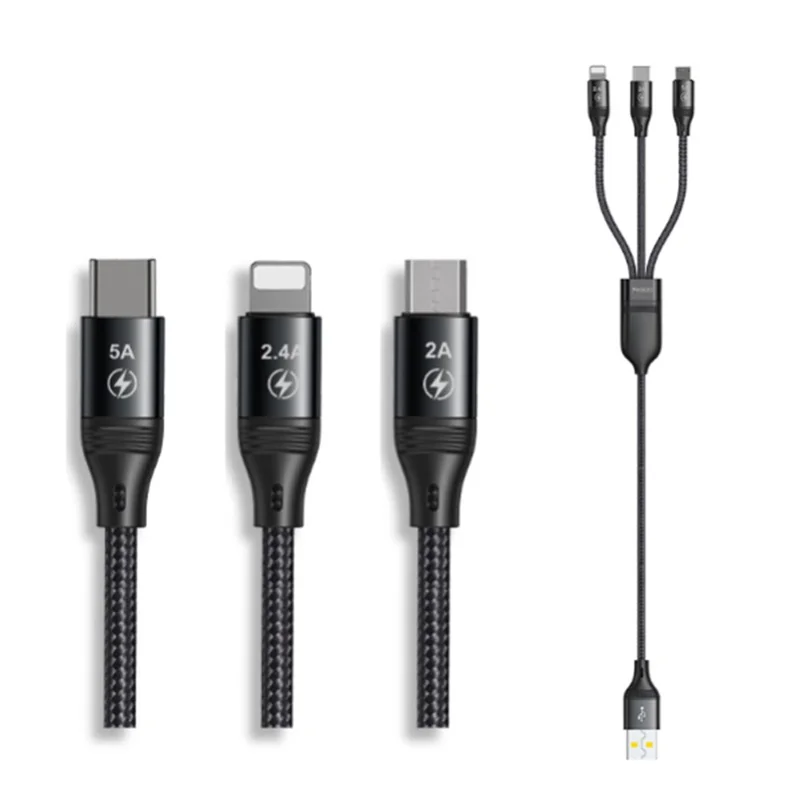 YESIDO CA73 3 in 1 USB A to USB-C/Micro USB/Lightning 66W Max Fast Charger Cord Data Cable