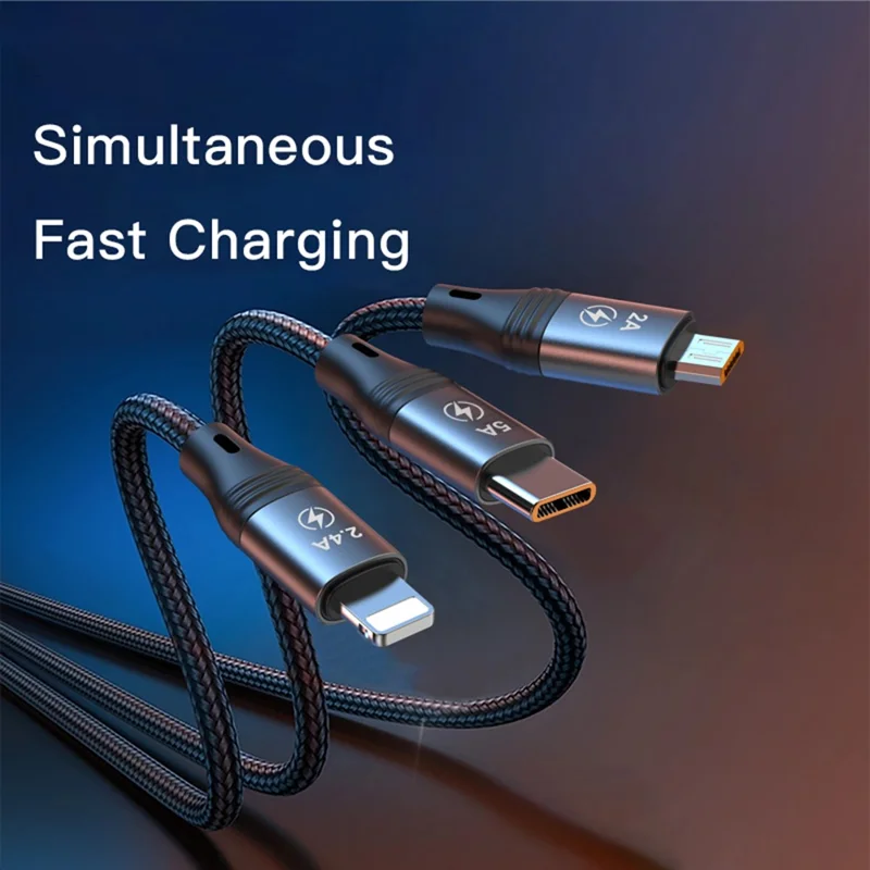 YESIDO CA73 3 in 1 USB A to USB-C/Micro USB/Lightning 66W Max Fast Charger Cord Data Cable