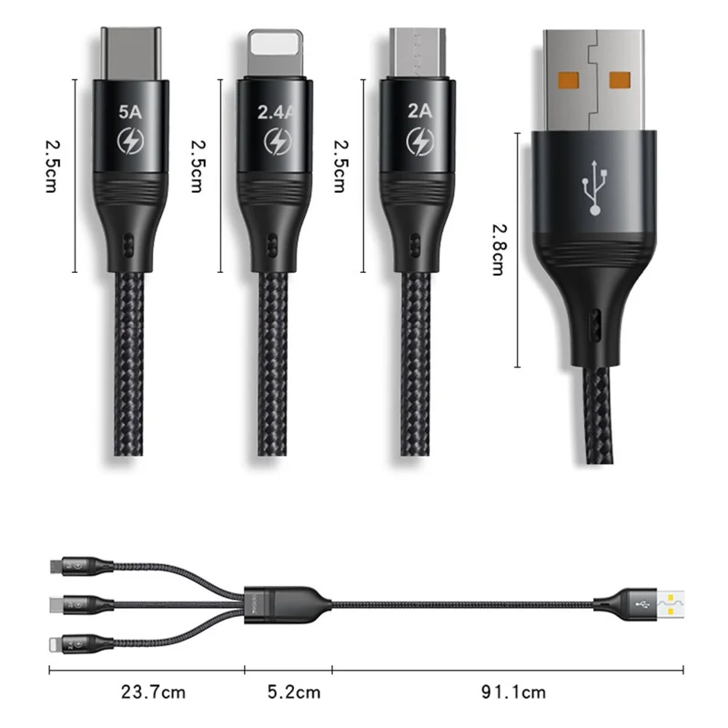 YESIDO CA73 3 in 1 USB A to USB-C/Micro USB/Lightning 66W Max Fast Charger Cord Data Cable