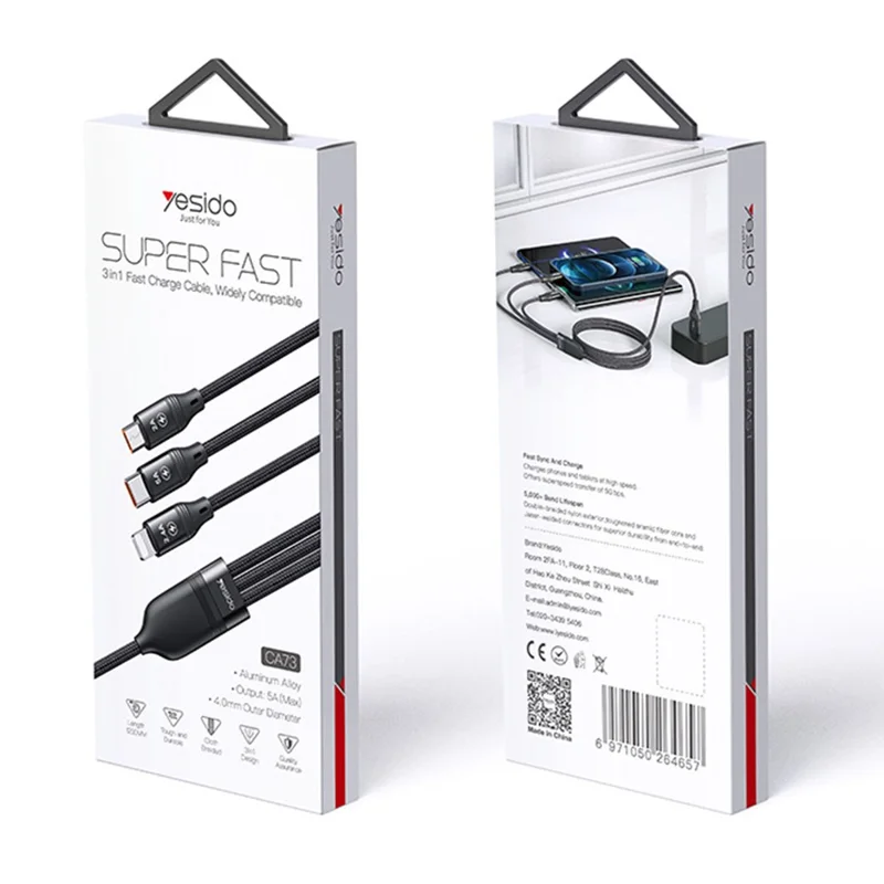 YESIDO CA73 3 in 1 USB A to USB-C/Micro USB/Lightning 66W Max Fast Charger Cord Data Cable