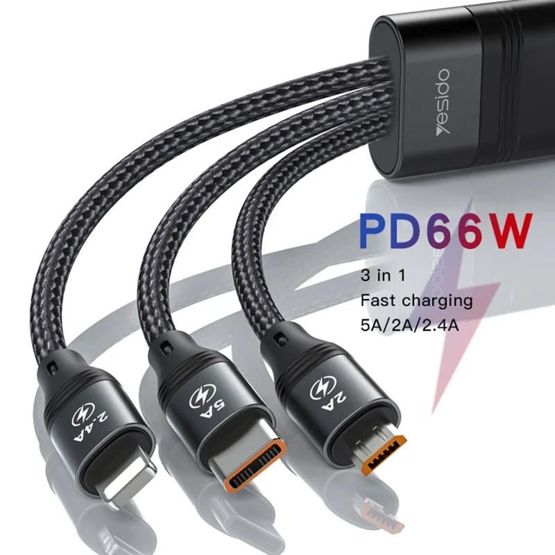 YESIDO CA73 3 in 1 USB A to USB-C/Micro USB/Lightning 66W Max Fast Charger Cord Data Cable