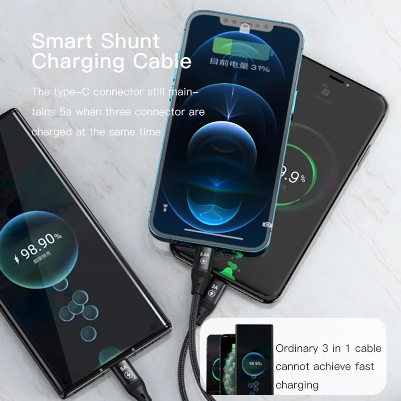 YESIDO CA73 3 in 1 USB A to USB-C/Micro USB/Lightning 66W Max Fast Charger Cord Data Cable