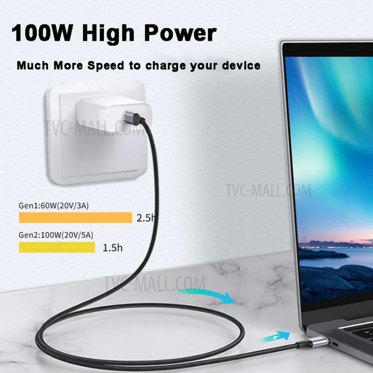 Câble de transmission de données vidéo de charge rapide 4K 100 W USB-C QC4.0 de 1,5 m pour MacBook Air/iPad Pro 2020