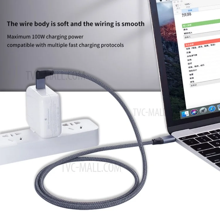 Cable codo USB-C macho a USB-C macho de 1.5m PD 100W Carga rápida 4K Transmisión de video