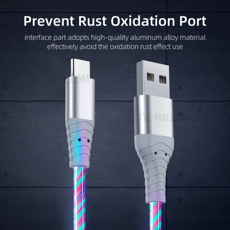 2m Glowing 3A Fast Charging Cable High-Speed Flowing Streamer Light LED Data Transfer Micro USB Cable - Multi-color