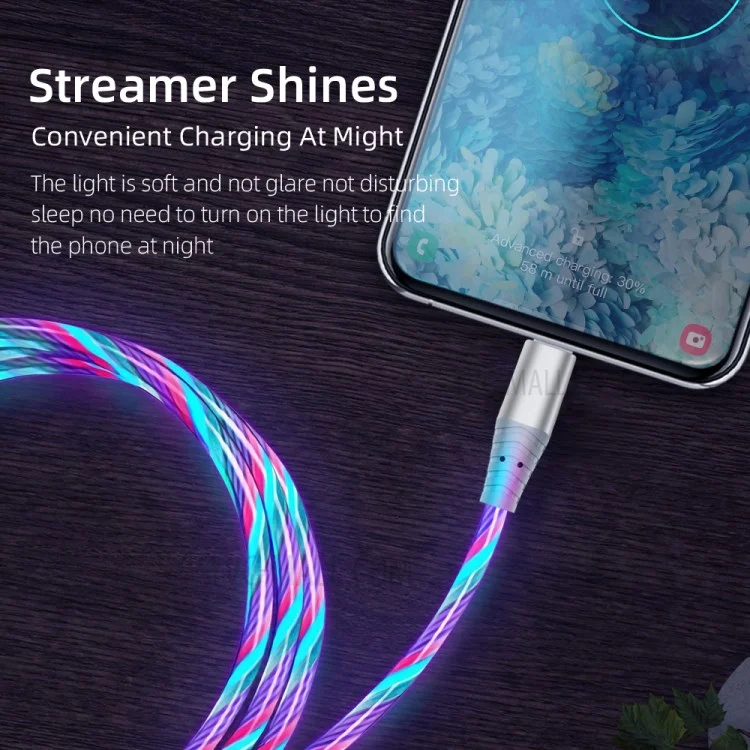 2m Glowing 3A Fast Charging Cable High-Speed Flowing Streamer Light LED Data Transfer Micro USB Cable - Multi-color