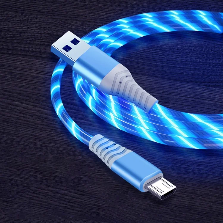 2m Glowing 3A Fast Charging Cable High-Speed Flowing Streamer Light LED Data Transfer Micro USB Cable - Blue