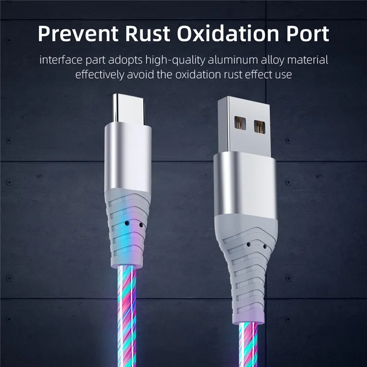 2m Glowing 3A Fast Charging Cable High-Speed Flowing Streamer Light LED Data Transfer Micro USB Cable - Blue