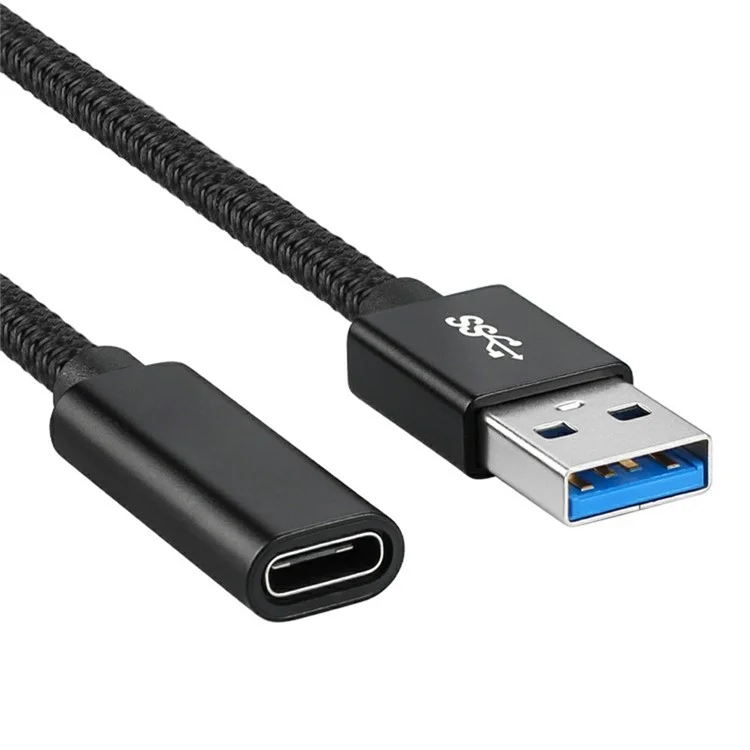 Câble adaptateur femelle USB-C à mâle USB-A 3.0 portable (prise en alliage d'aluminium + câble tressé) - Noir