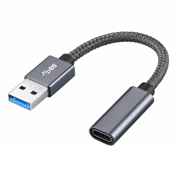 Портативный USB-C Женский до USB-A 3.0 Мужской Адаптерный Кабель (Aluminum Alloy Plug + Braided Cable) - Серый