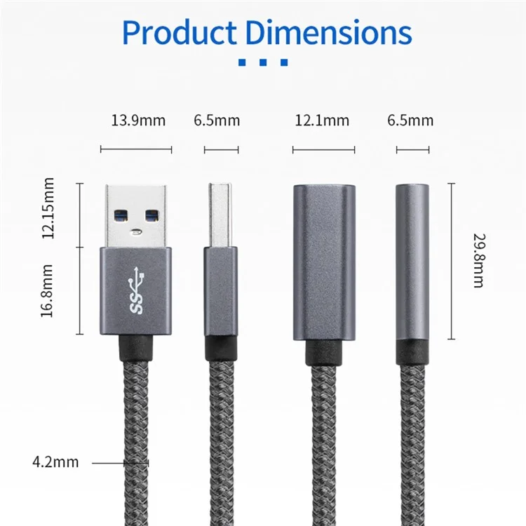 Портативный USB-C Женский до USB-A 3.0 Мужской Адаптерный Кабель (Aluminum Alloy Plug + Braided Cable) - Серый