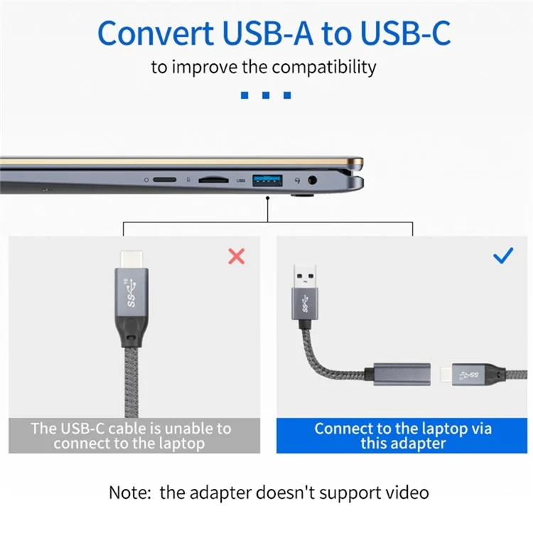 Портативный USB-C Женский до USB-A 3.0 Мужской Адаптерный Кабель (Aluminum Alloy Plug + Braided Cable) - Серый