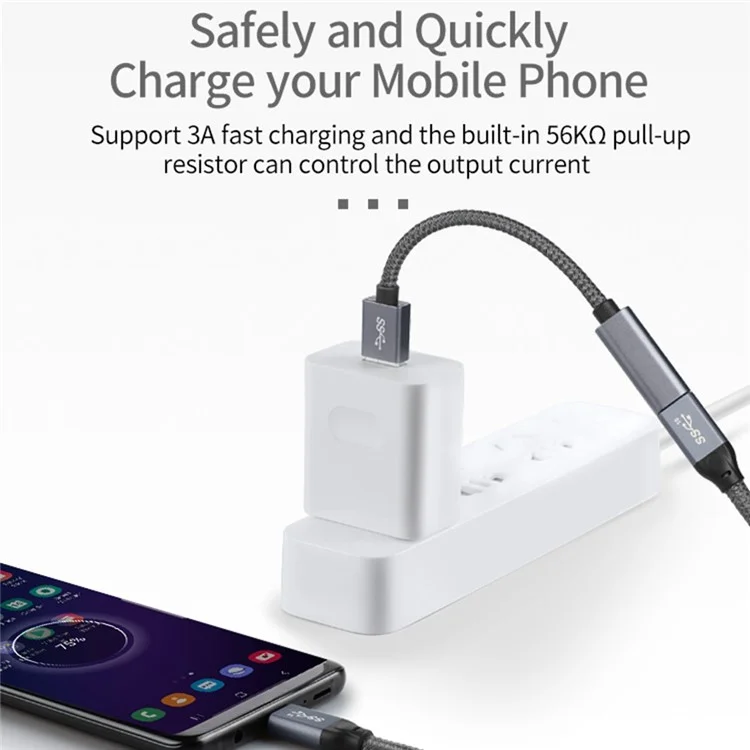 Портативный USB-C Женский до USB-A 3.0 Мужской Адаптерный Кабель (Aluminum Alloy Plug + Braided Cable) - Серый