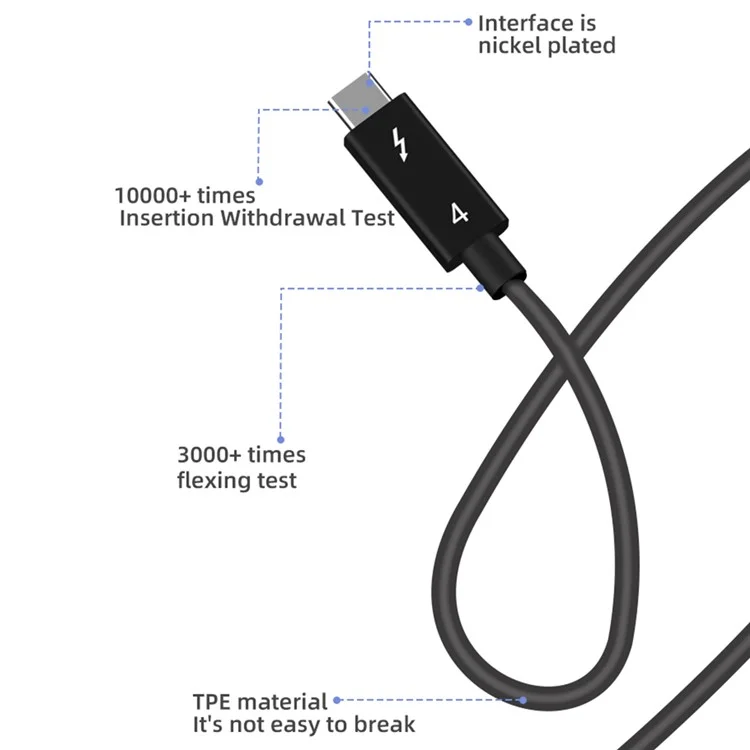 0.8m 100 W Rápido Thunderbolt 4 Cabo 40Gbps Cabo De Transferência De Dados Thunderbolt 4 Masculino Para Masculino Adaptador Cabo Para Thunderbolt 4 Docking Station - Preto