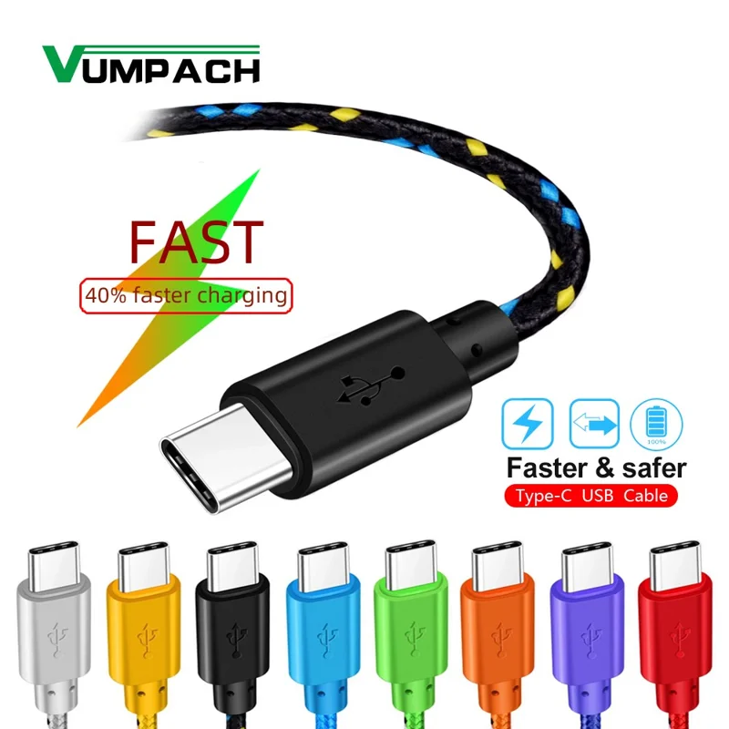 Cavo di ricarica per telefono cellulare da 2 m in nylon intrecciato colorato, con velocità di trasmissione dati di 480 Mbps e interfaccia di tipo C - Nero