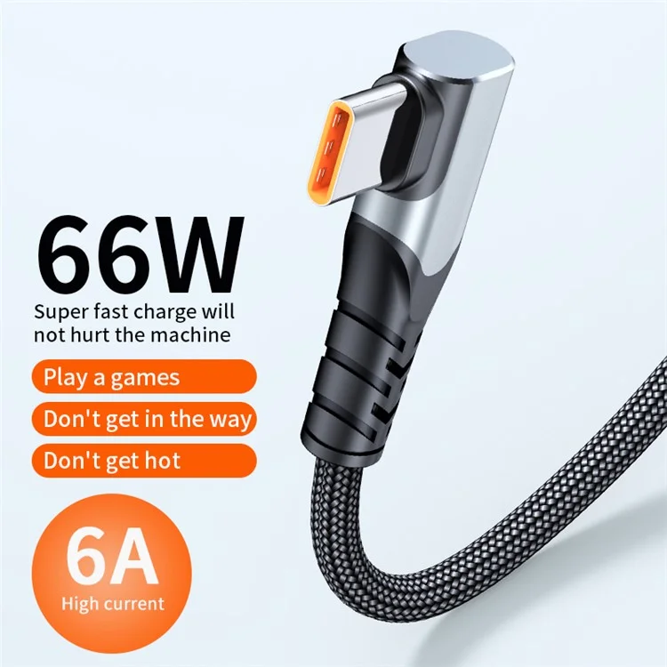 2m 6A 66W Cable de Carga Rápida USB al Cable de Datos Trenzado de Ángulo Recto Tipo-c Para Huawei Samsung - Gris