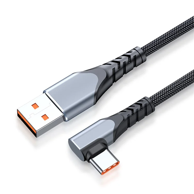 2m 6A 66W Cabo de Carregamento Rápido USB Para Tipo c Cordão de Dados Trançados do Ângulo Reto Para Huawei Samsung - Cinza