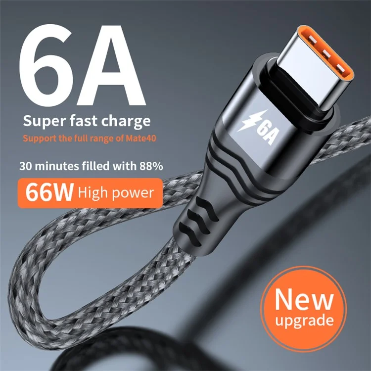 ADC-005 0,5 m 6A 66 W Schnellladekabel, geflochten, USB auf Typ-C, Hochgeschwindigkeits-Datenkabel für Huawei Samsung - Grau