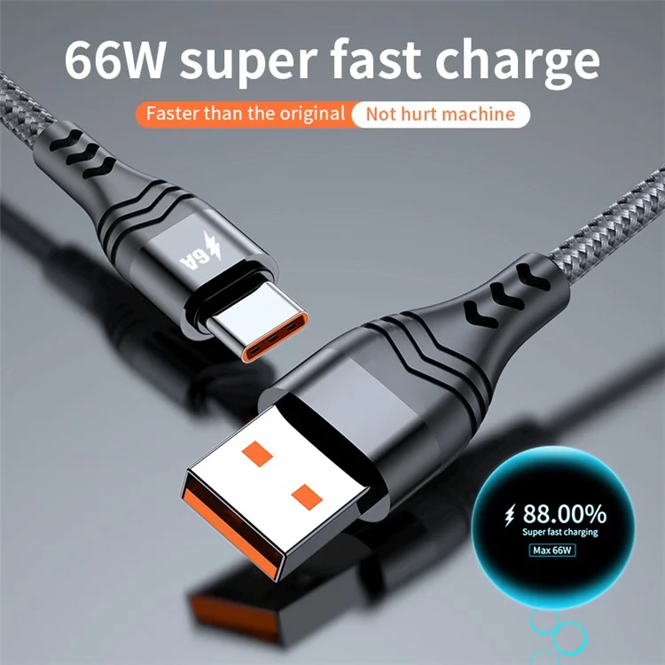 ADC-005 0,5 m 6A 66 W Schnellladekabel, geflochten, USB auf Typ-C, Hochgeschwindigkeits-Datenkabel für Huawei Samsung - Grau