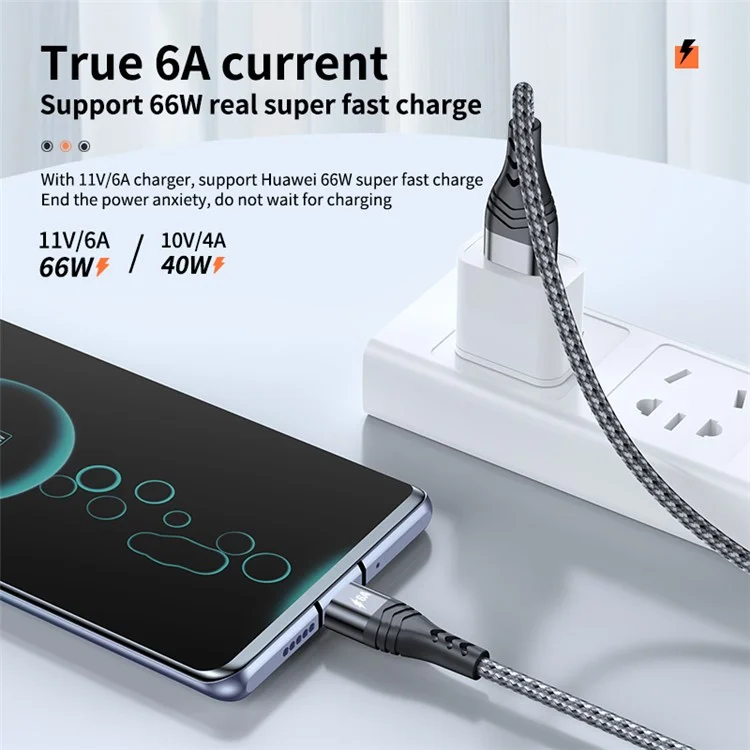 ADC-005 0,5 m 6A 66 W Schnellladekabel, geflochten, USB auf Typ-C, Hochgeschwindigkeits-Datenkabel für Huawei Samsung - Grau