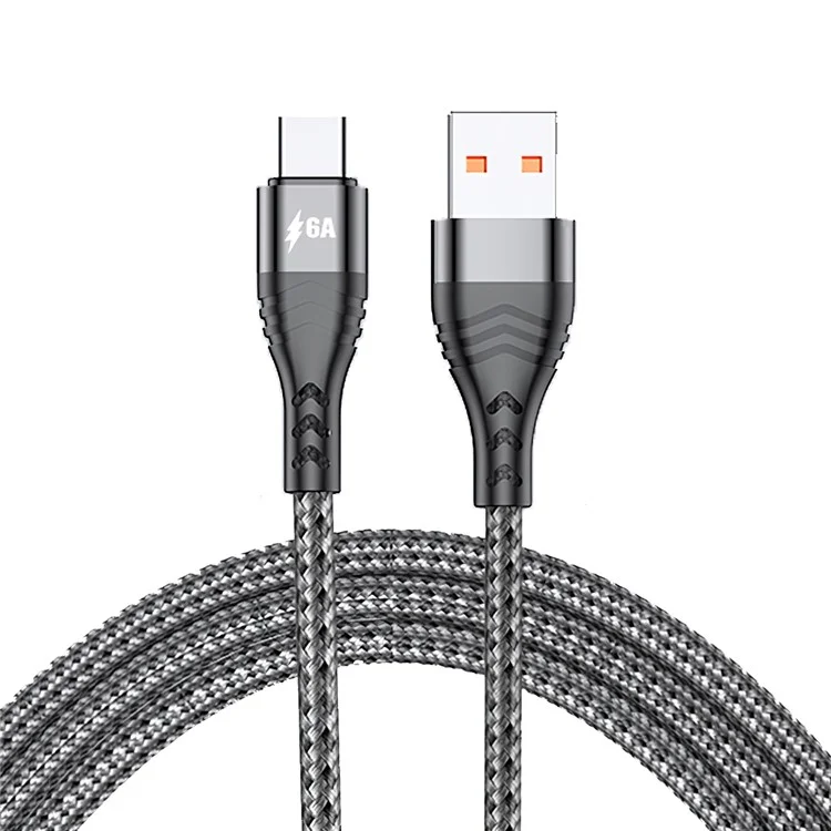 ADC-005 2m USB to Type-C 6A High Current 66W Fast Charging Cable Braided Data Cord for Huawei Samsung - Grey