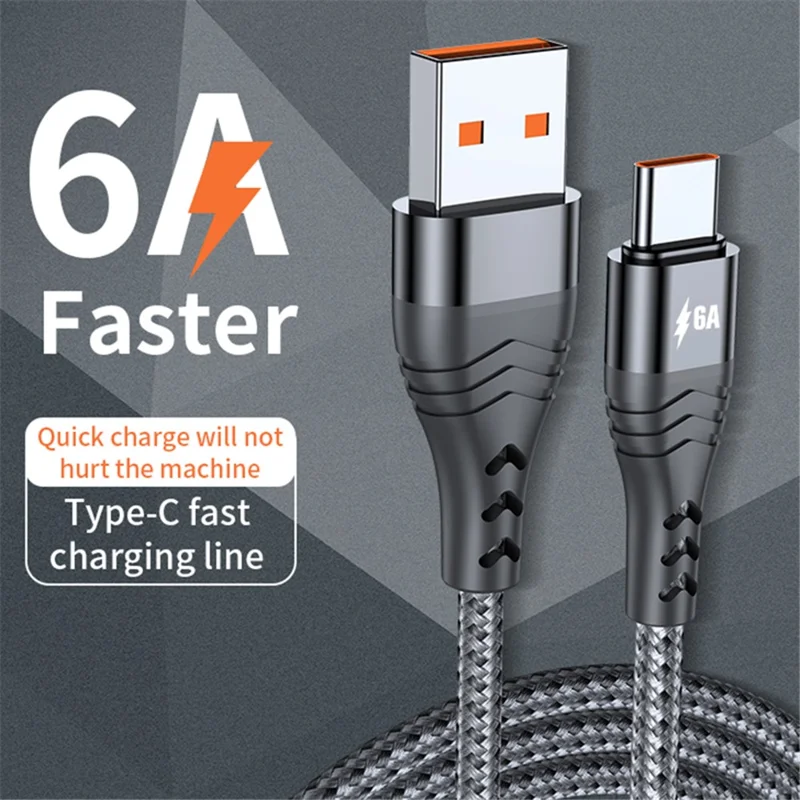 ADC-005 1m 6A 66W USB to Type-C Fast Charging + Data Sync Cable Braided Data Cord for Huawei Samsung - Black