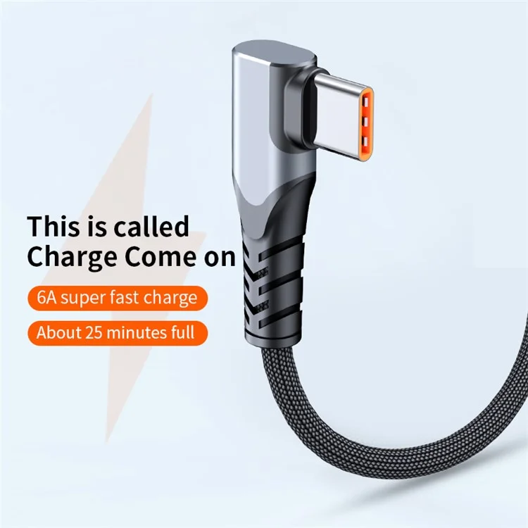 66W Elbow Design Braided USB to Type-C Fast 6A Charging Cable Cell Phone Cable Data Transmission Cord 3m - Grey