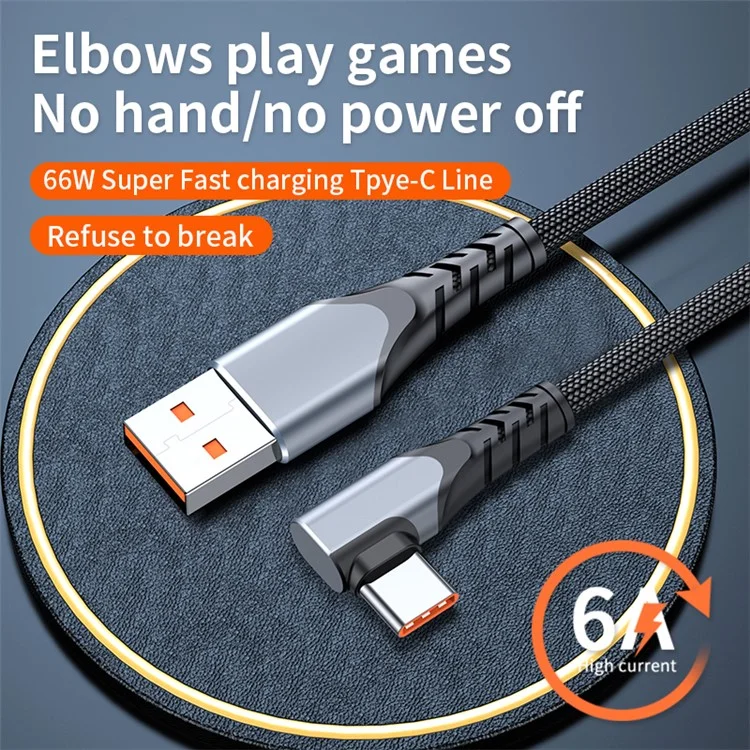 66W Elbow Design Braided USB to Type-C Fast 6A Charging Cable Cell Phone Cable Data Transmission Cord 3m - Grey