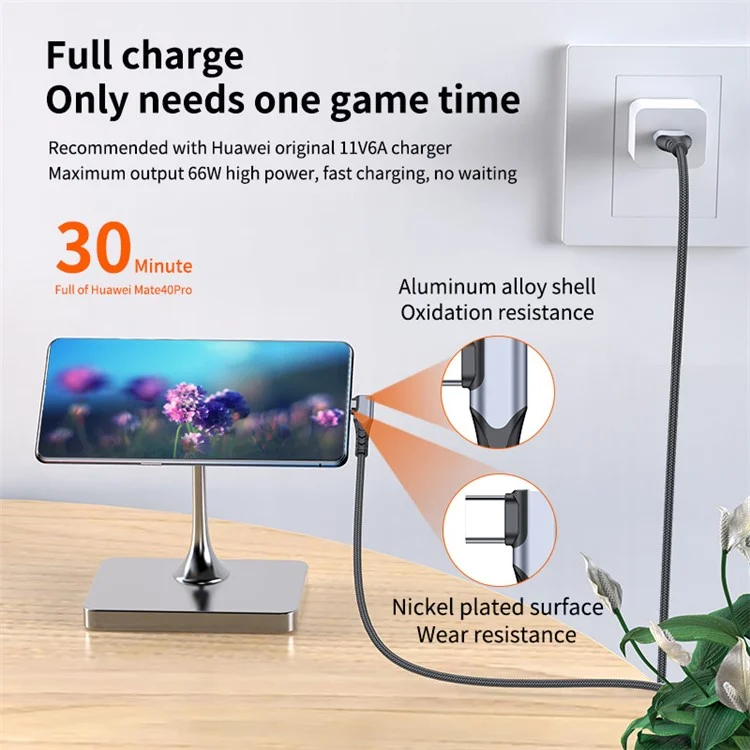 66W Elbow Design Braided USB to Type-C Fast 6A Charging Cable Cell Phone Cable Data Transmission Cord 3m - Grey