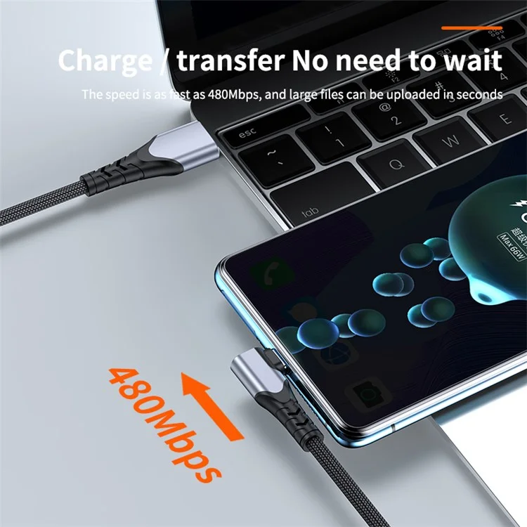 66W Elbow Design Braided USB to Type-C Fast 6A Charging Cable Cell Phone Cable Data Transmission Cord 3m - Grey