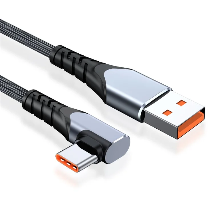 66W Elbow Design Braided USB to Type-C Fast 6A Charging Cable Cell Phone Cable Data Transmission Cord 3m - Grey