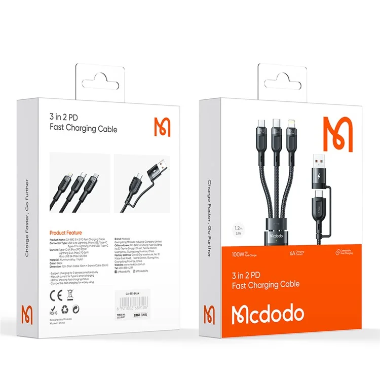 MCDODO CA-8800 Cabo de Dados de Carregamento Rápido USB/Tipo-C para Tipo-C/Lightning/Micro - Preto