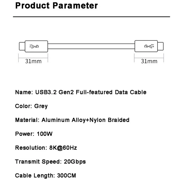 3m PD 100W USB-C 3.2 Gen2 Кабель для передачи данных 8K/60Hz 20Gbps Высокоскоростной шнур для MacBook/iPad Pro