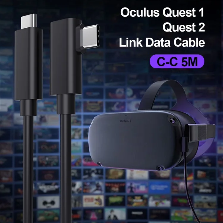 VR-Headset-Kabel für VR Quest 2, 5 m, 90 Grad rechter Winkel, USB 3.2 Gen1 Typ-C-Kabel, Unterstützung für schnelles Laden und 5 Gbit/s Datensynchronisation