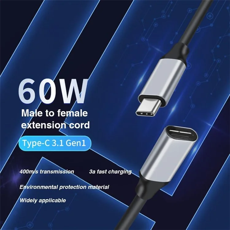 Câble d'extension USB-C Mâle vers Femelle 3.1 Gen1 de 1m, 400 M/s, 3A PD 60W Charge rapide, Câble de données 4K HD Sync