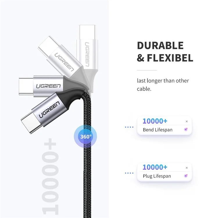 UGREEN 1,5m 60W PD Cordon de Charge Rapide Pour Huawei Matebook / Macbook / Ipad Pro USB C Pour Taper C Câble de Transfert de Données Tressé en Nylon