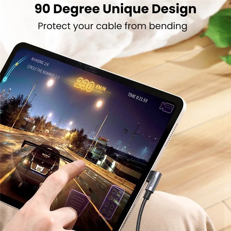 UGREEN for iPhone 15 Series 70699 2m 100W Right Angle Type-C to Type-C 5A Fast Charging Cable Braided Data Cord