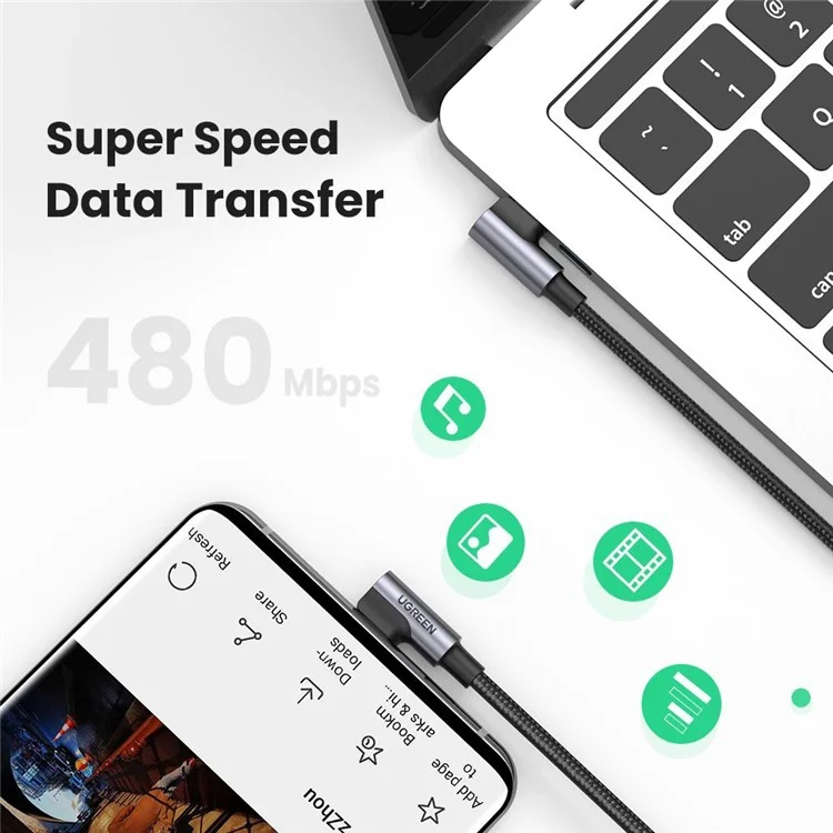 UGREEN for iPhone 15 Series 70699 2m 100W Right Angle Type-C to Type-C 5A Fast Charging Cable Braided Data Cord