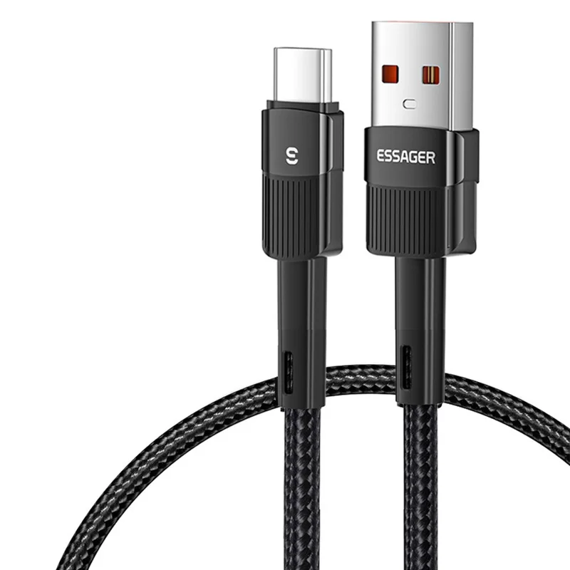 ESSAGER 1 m, 6 A, snabbladdningskabel USB till Typ C, 480 Mbps överföringskabel – Svart