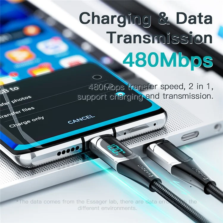 ESSAGER 1m Data Cable Braided Design for MacBook 100W 5A Supports QC 3.0 Charge Cable with LED Digital Screen - Blue