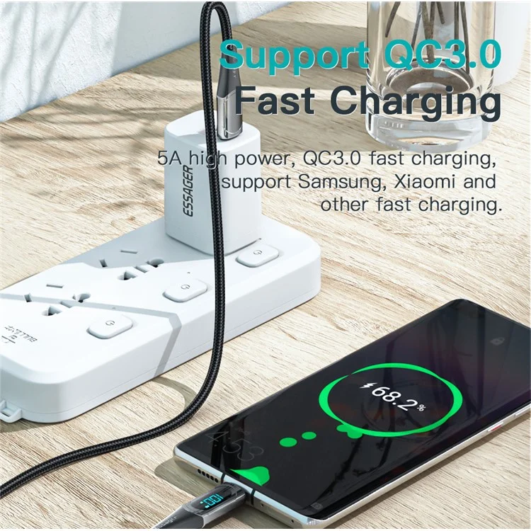 ESSAGER 1m Data Cable Braided Design for MacBook 100W 5A Supports QC 3.0 Charge Cable with LED Digital Screen - Blue