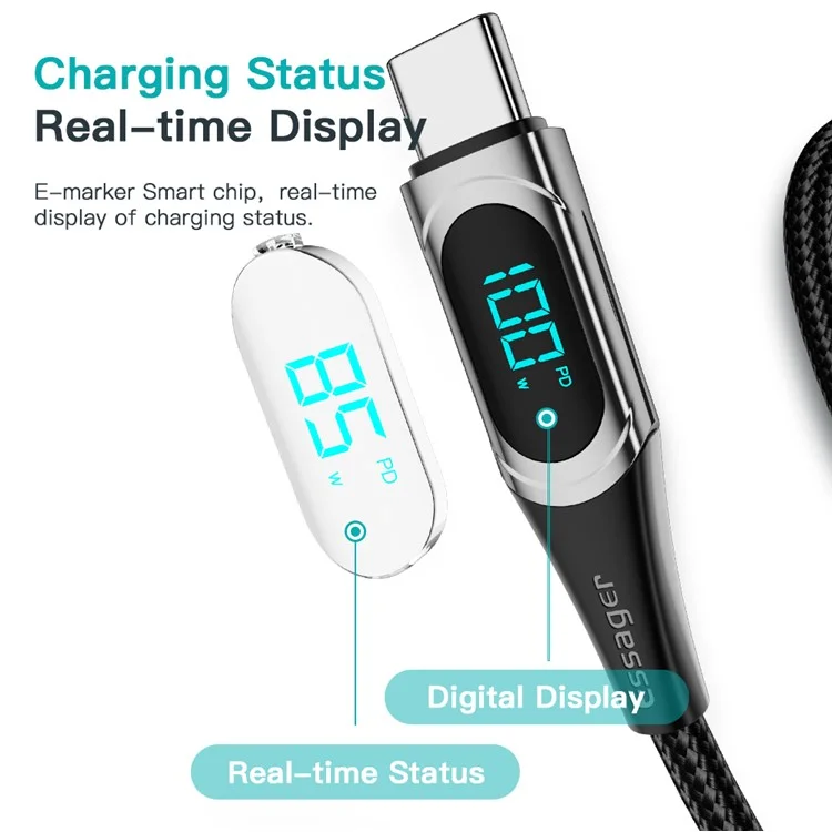 ESSAGER 1m Data Cable Braided Design for MacBook 100W 5A Supports QC 3.0 Charge Cable with LED Digital Screen - Blue