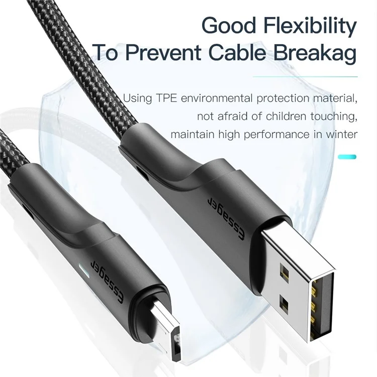 Cavo da cellulare ESSAGER 3m Super Long USB a Micro USB, ricarica rapida a 2.4A, trasmissione a 480Mbps - Nero