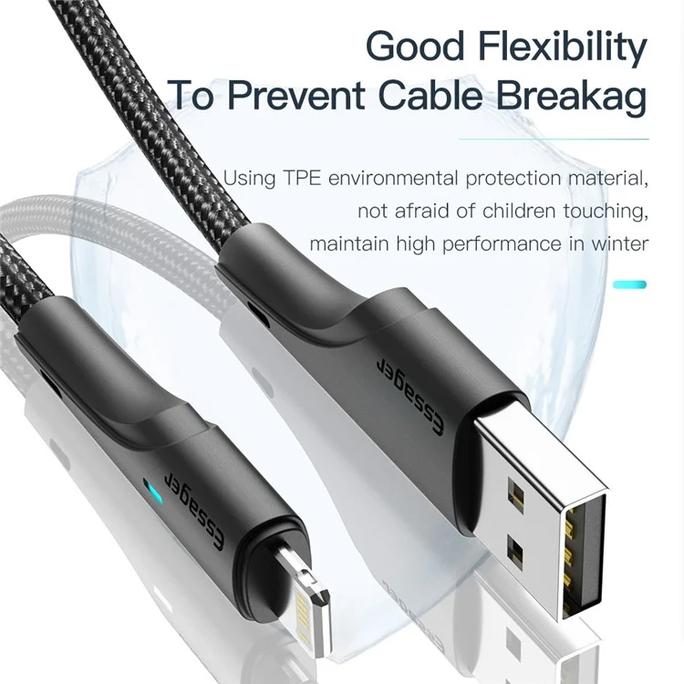 ESSAGER 1m Cell Phone Cable USB to iP 2.4A Fast Charging Cord 480Mbps Transfer Braided Design LED Light Design Line for Lightning Devices - Black